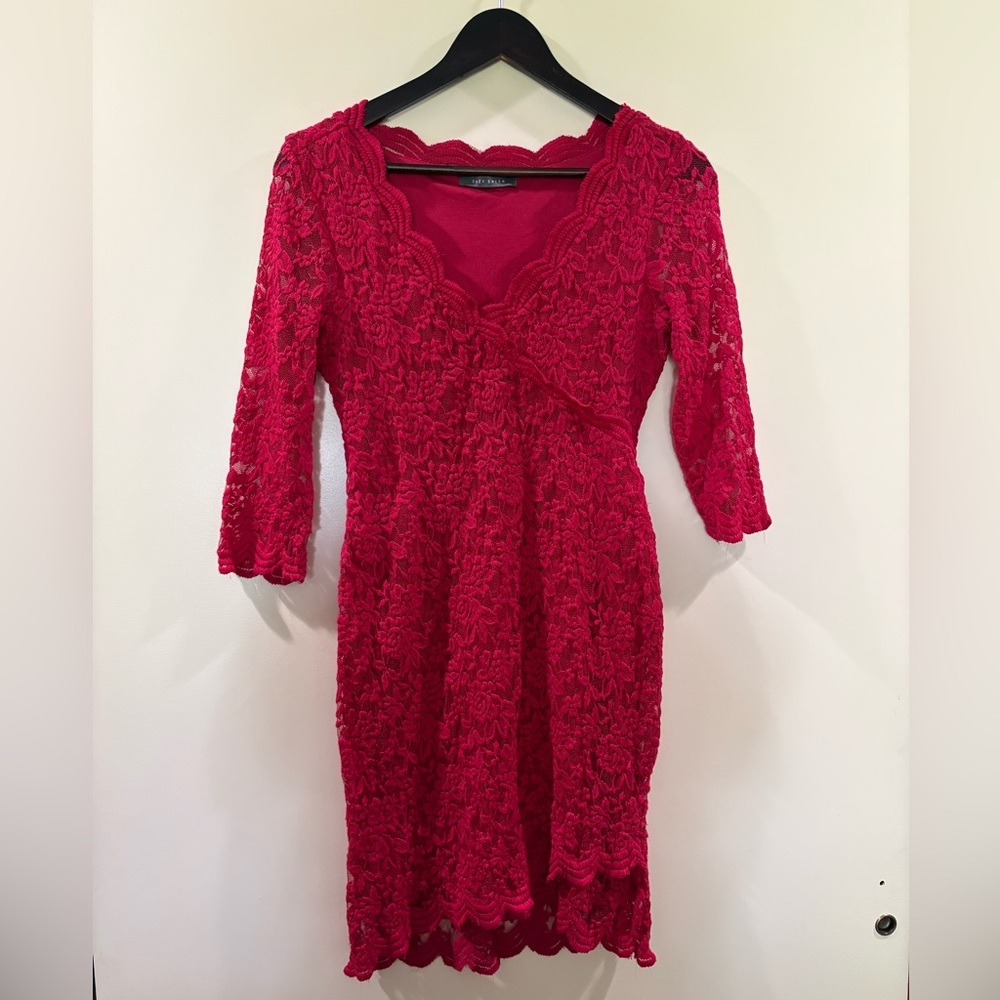 Suzy Shier Vibrant Red Lace Long Sleeve Dress